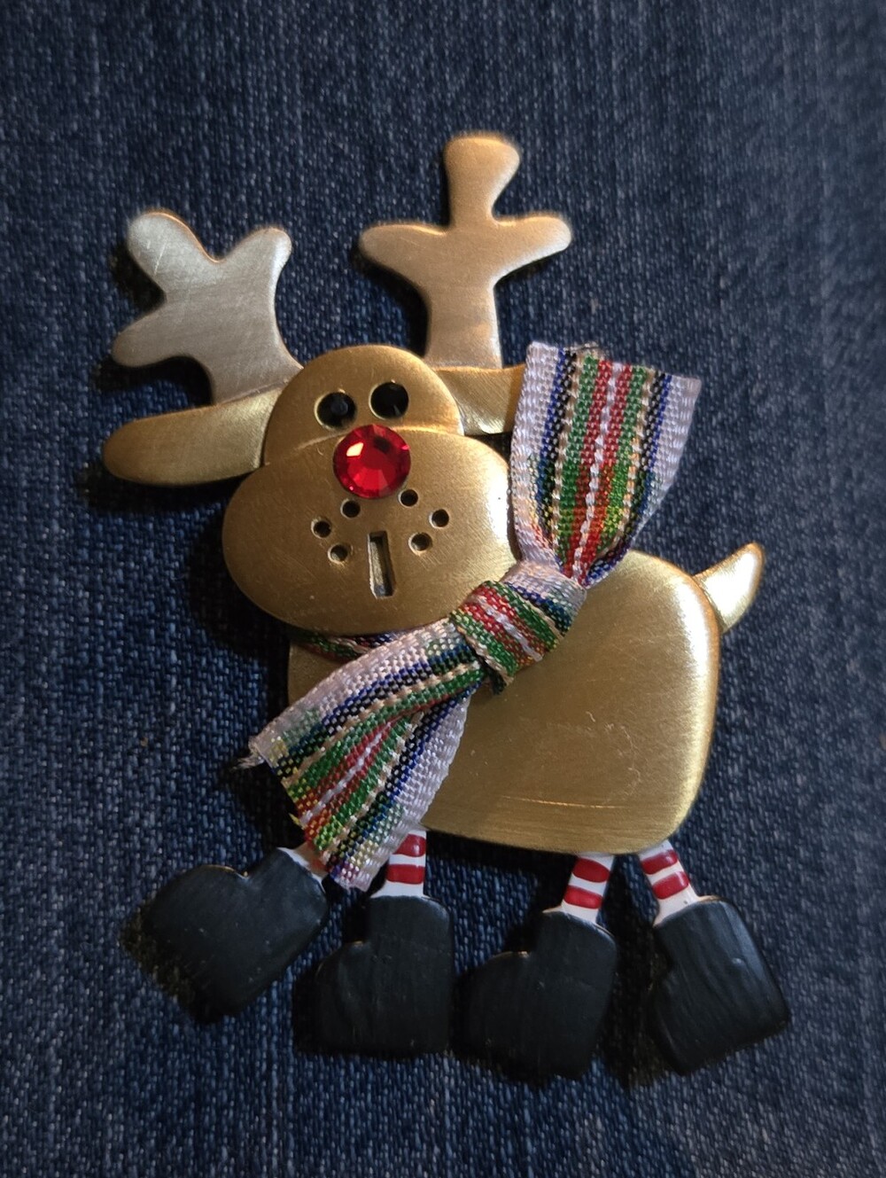 Coldwater Creek Festive Gold Reindeer Brooch with Striped Ribbon